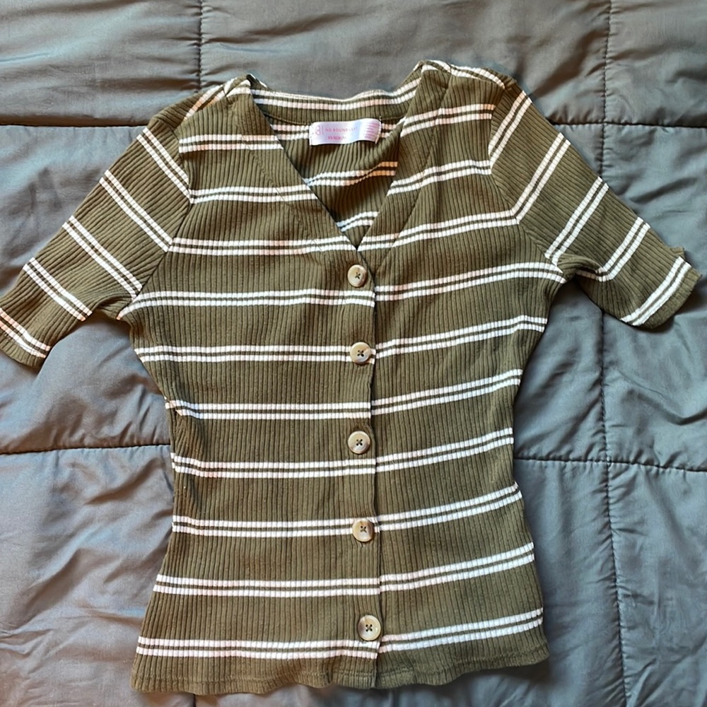 Olive green/white striped top.